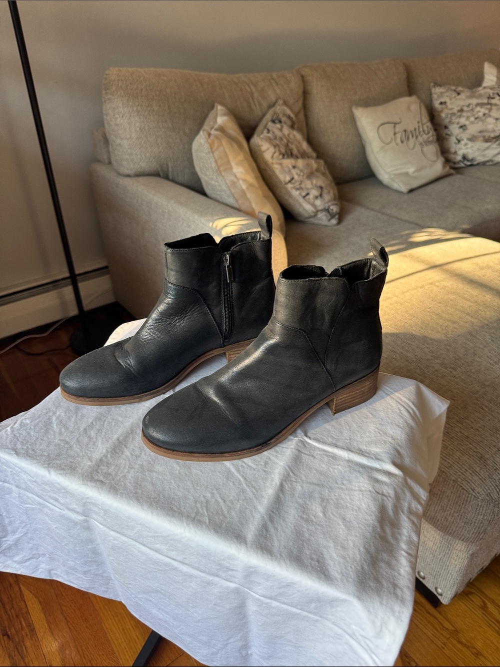 Lucky Brand Black Leather Ankle Booties with Stacked Heel